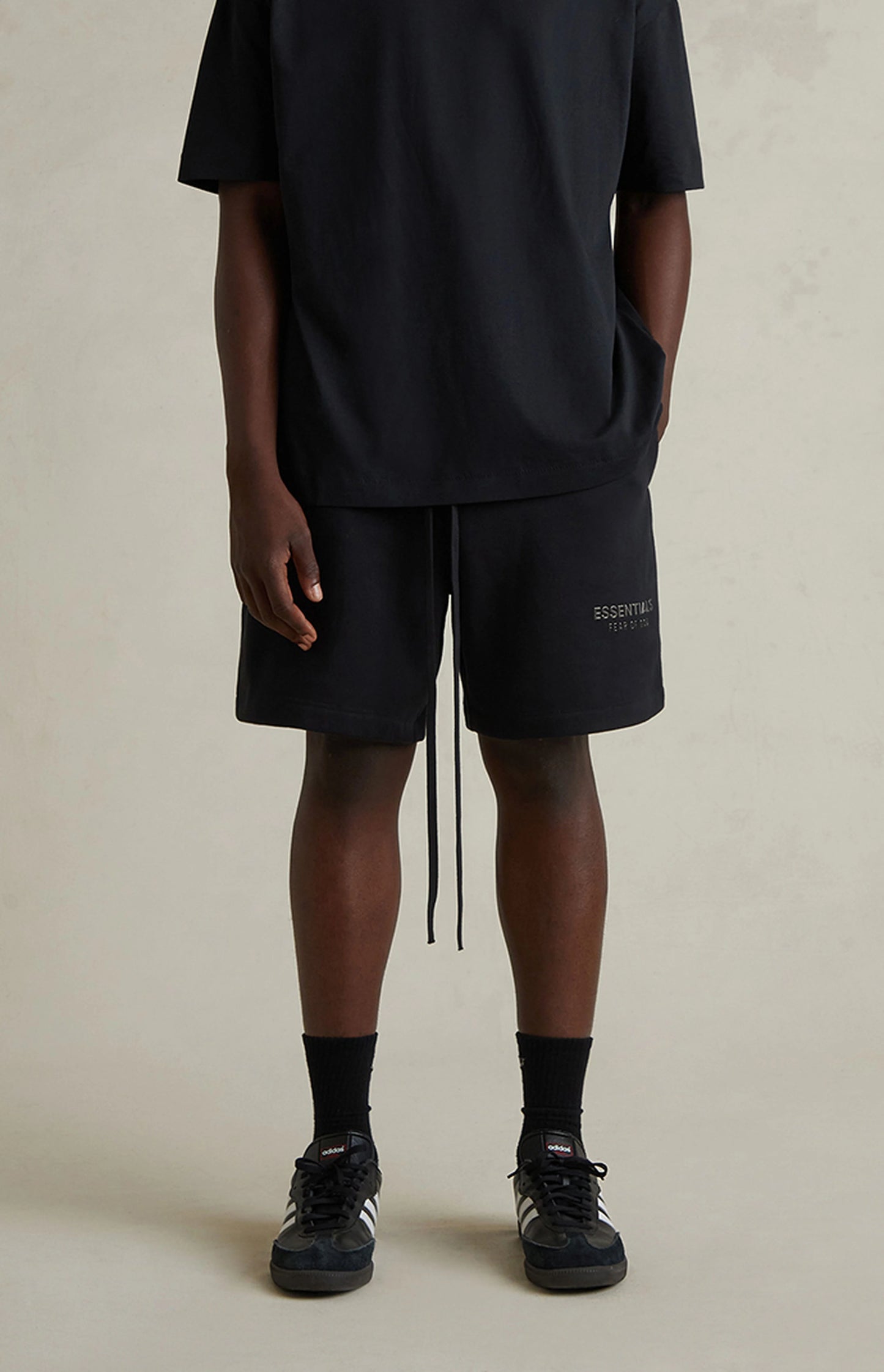 ESSENTIALS Fear Of God Jet Black Soccer Fleece Sweat Shorts