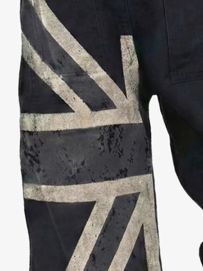 Distressed jeans with a wash and flag print