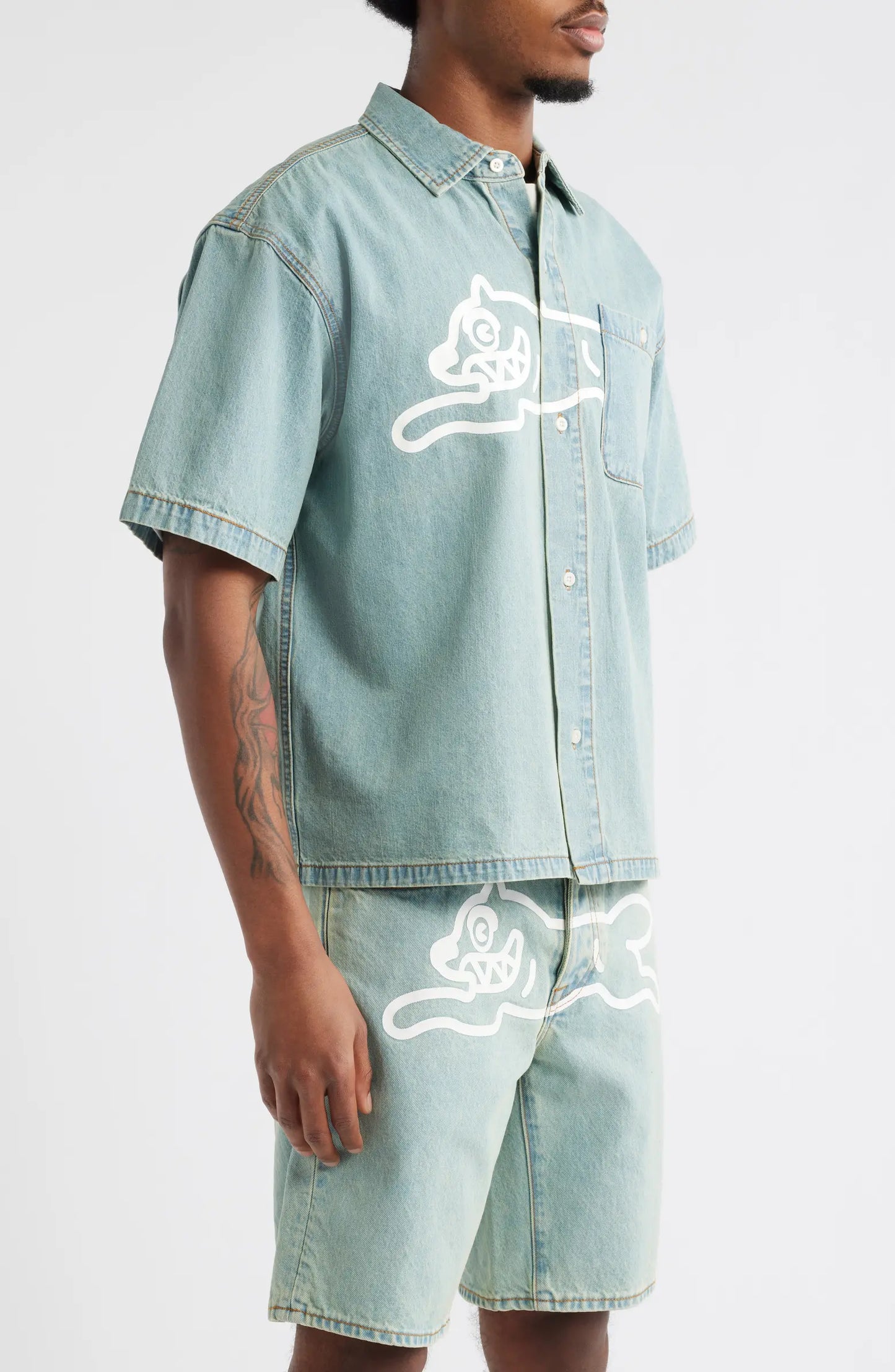 ICECREAM Running Dog Short Sleeve Denim Graphic Button-Up Shirt