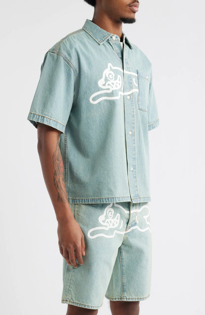 ICECREAM Running Dog Short Sleeve Denim Graphic Button-Up Shirt