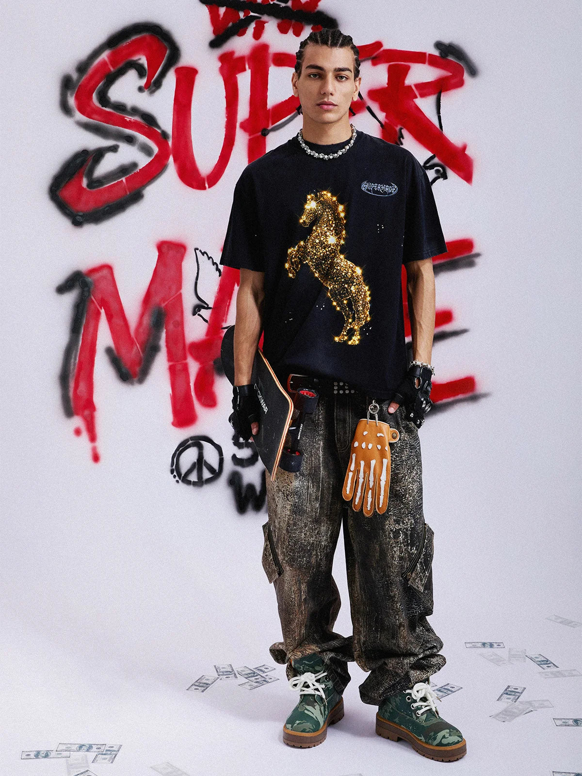 Vintage Wash Glitter Horse Pattern Splash Ink T-Shirt