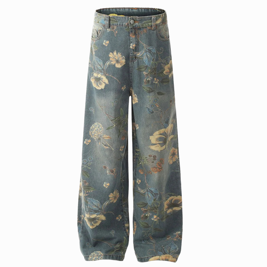 Floral print carpenter style denim jeans