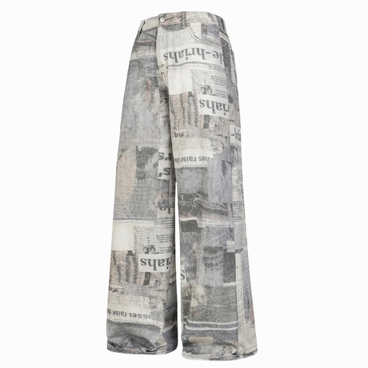 Loose-fitting jeans with newspaper and graffiti print