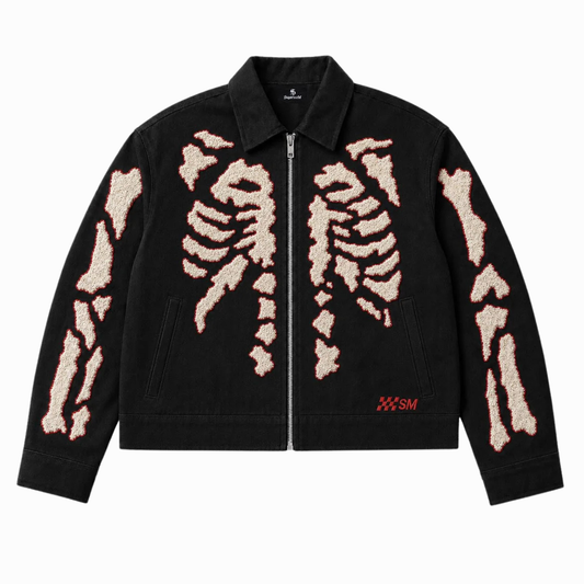 Distressed short work jacket with a terry-cloth skull embroidery