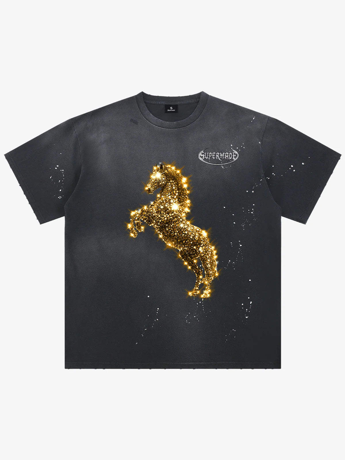 Vintage Wash Glitter Horse Pattern Splash Ink T-Shirt