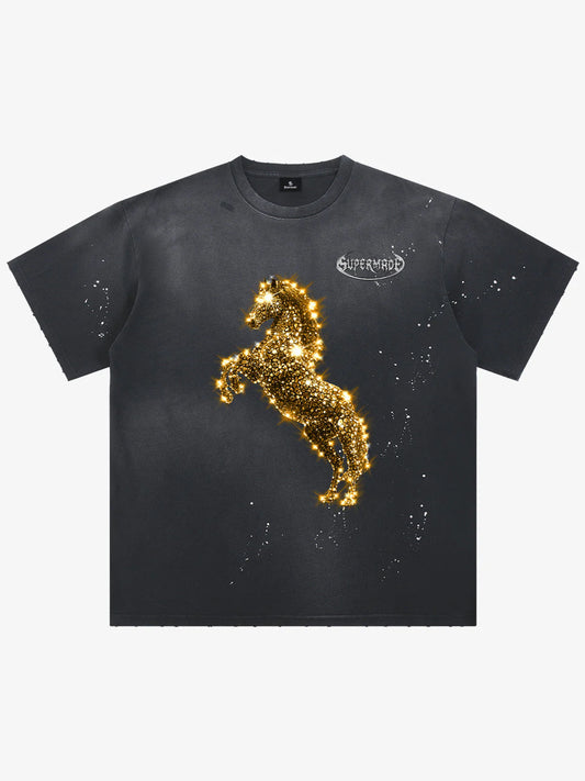 Vintage Wash Glitter Horse Pattern Splash Ink T-Shirt