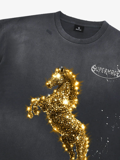 Vintage Wash Glitter Horse Pattern Splash Ink T-Shirt