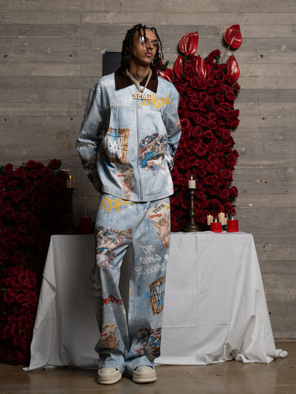 Artistic Patches Graphic Distressed Denim Jacket