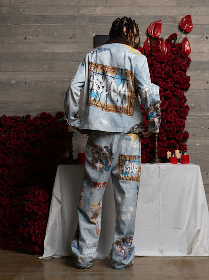 Artistic Patches Graphic Distressed Denim Jacket