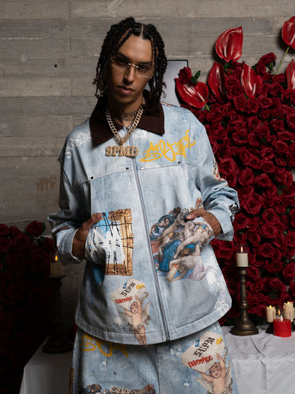 Artistic Patches Graphic Distressed Denim Jacket