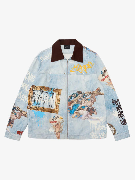 Artistic Patches Graphic Distressed Denim Jacket