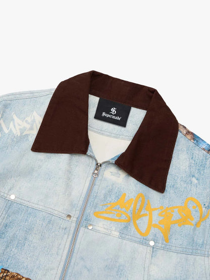 Artistic Patches Graphic Distressed Denim Jacket