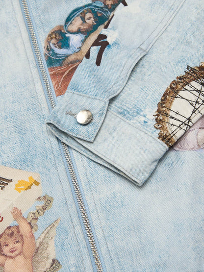 Artistic Patches Graphic Distressed Denim Jacket