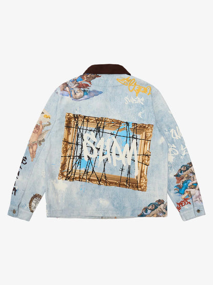 Artistic Patches Graphic Distressed Denim Jacket