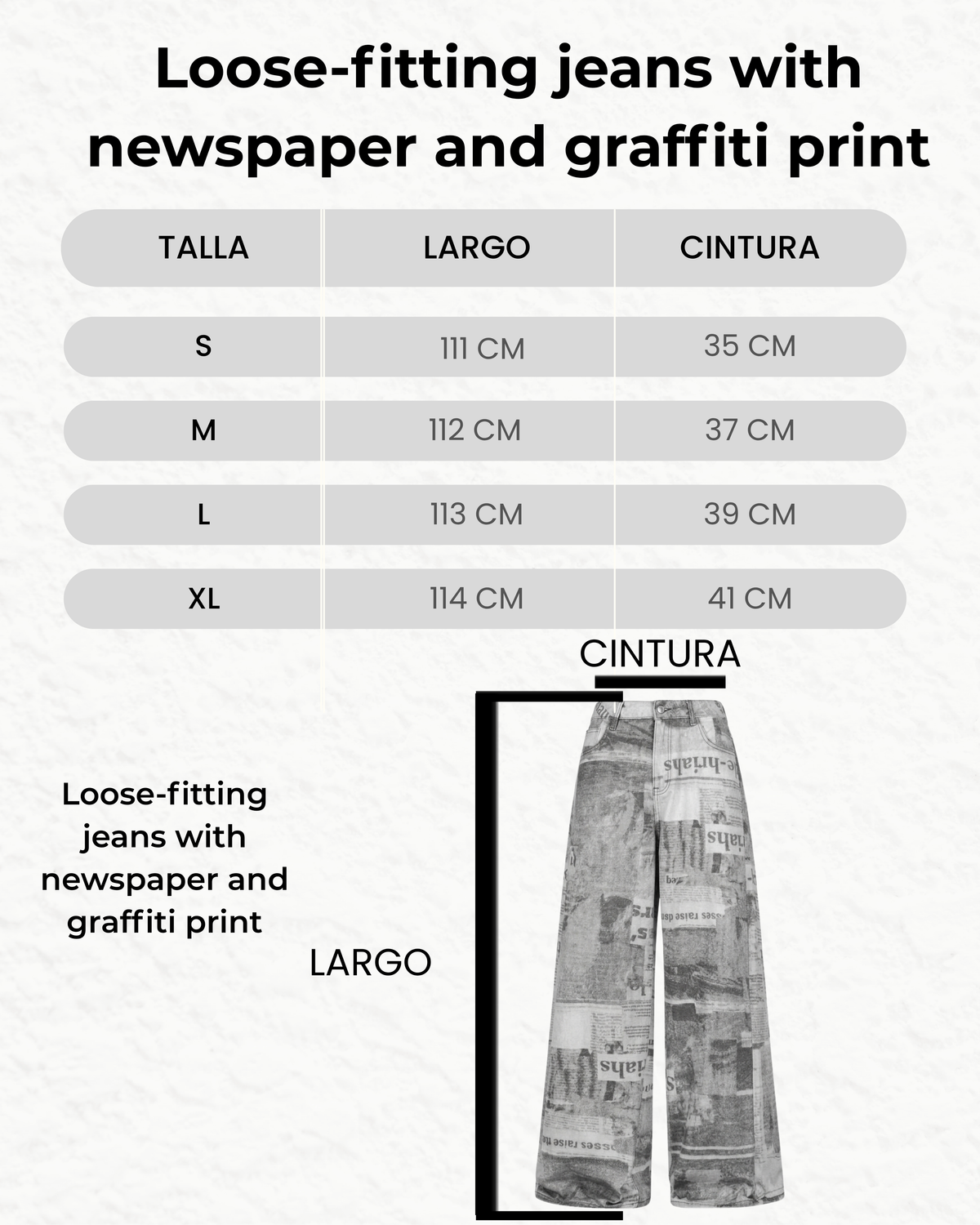 Loose-fitting jeans with newspaper and graffiti print