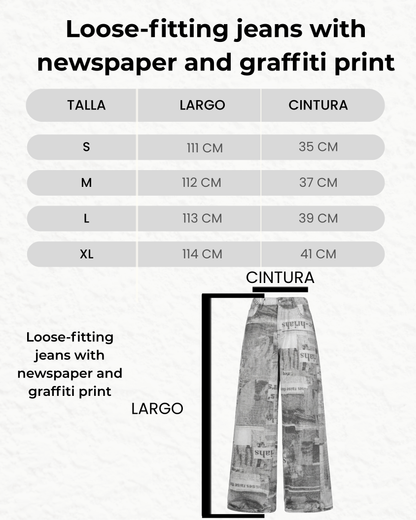 Loose-fitting jeans with newspaper and graffiti print