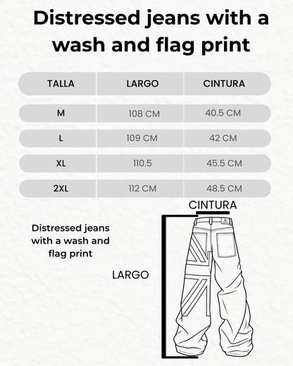 Distressed jeans with a wash and flag print