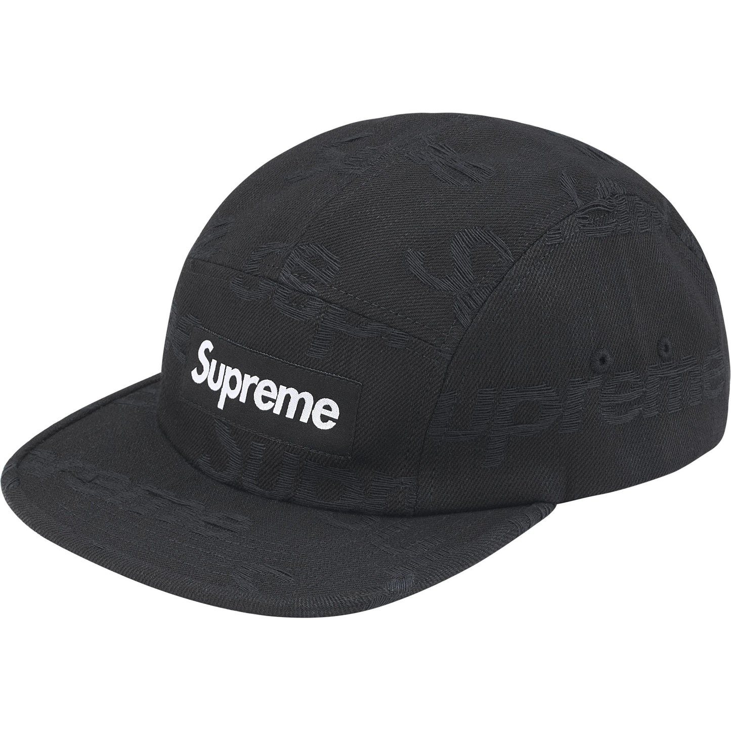 SUPREME Jacquard Black Logo Denim Camp Cap Triple Black