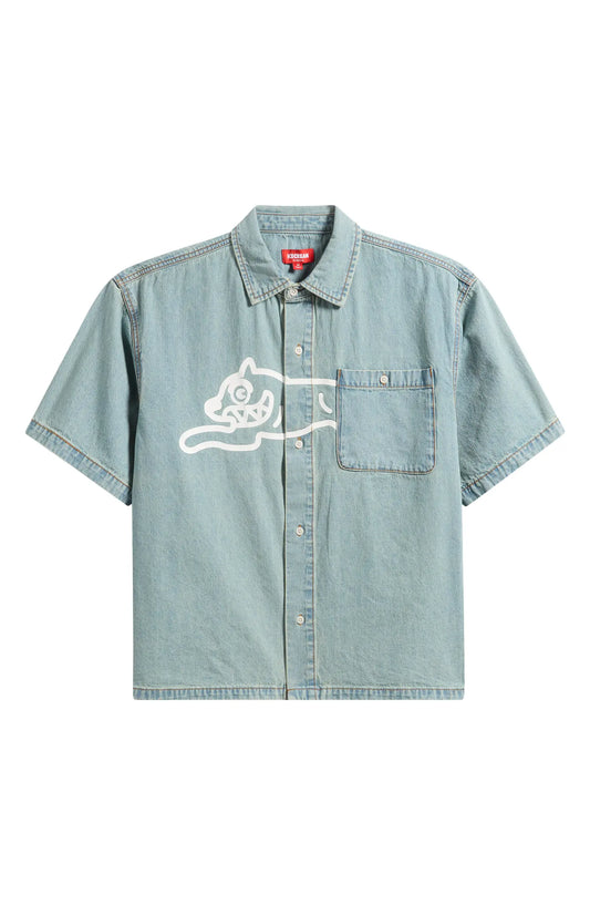 ICECREAM Running Dog Short Sleeve Denim Graphic Button-Up Shirt