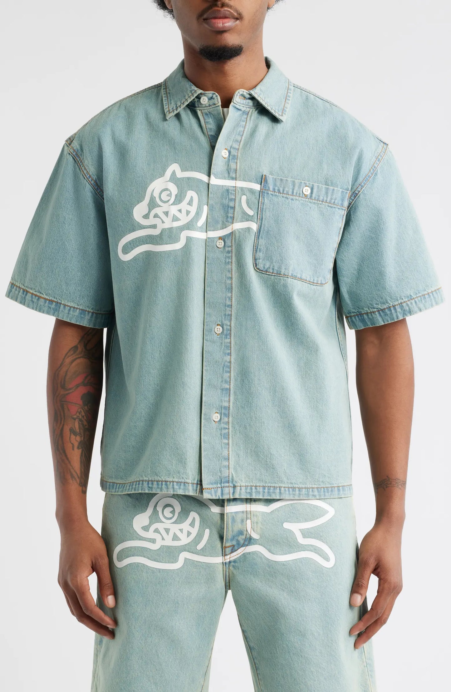 ICECREAM Running Dog Short Sleeve Denim Graphic Button-Up Shirt
