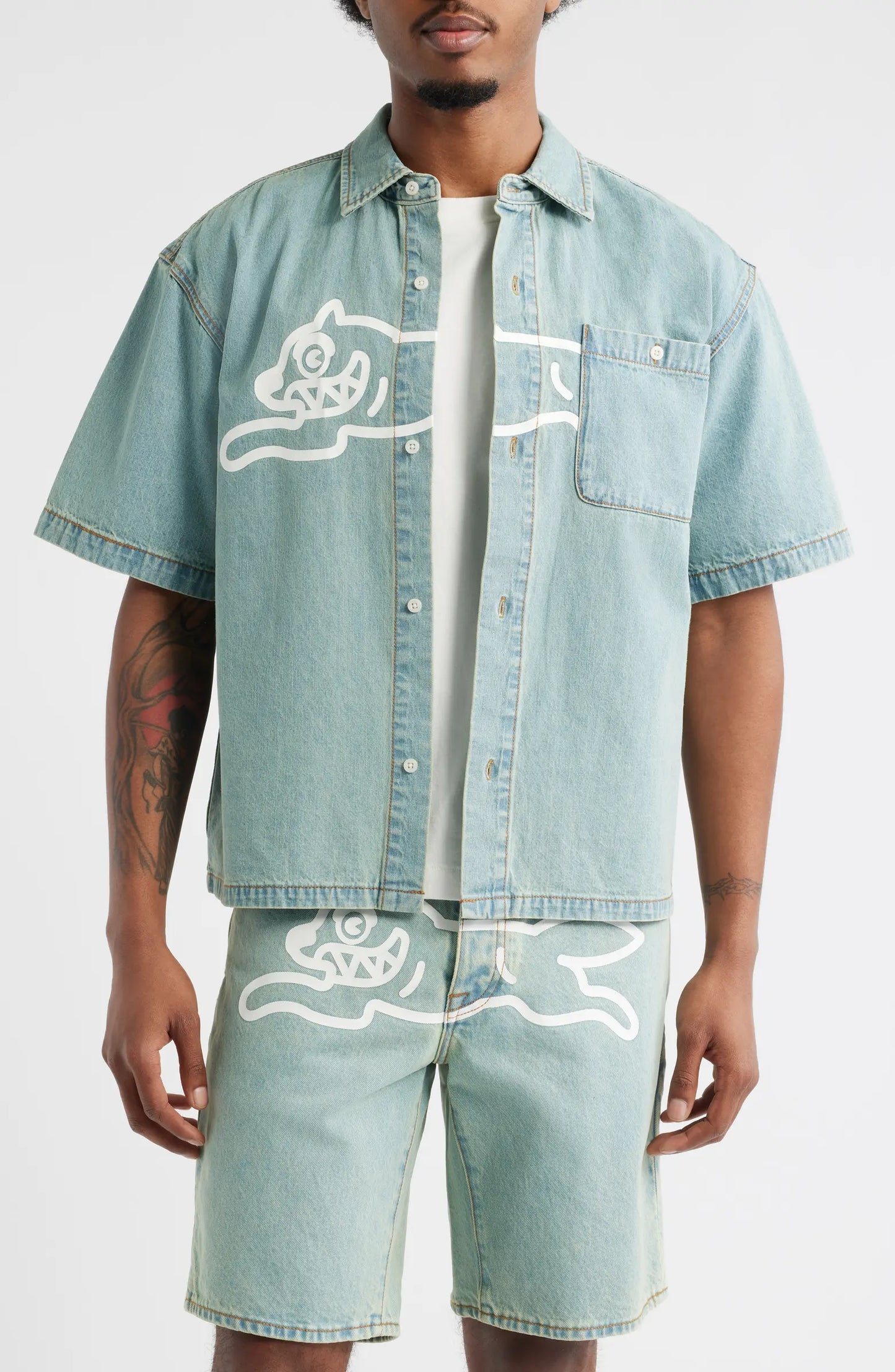 ICECREAM Running Dog Short Sleeve Denim Graphic Button-Up Shirt