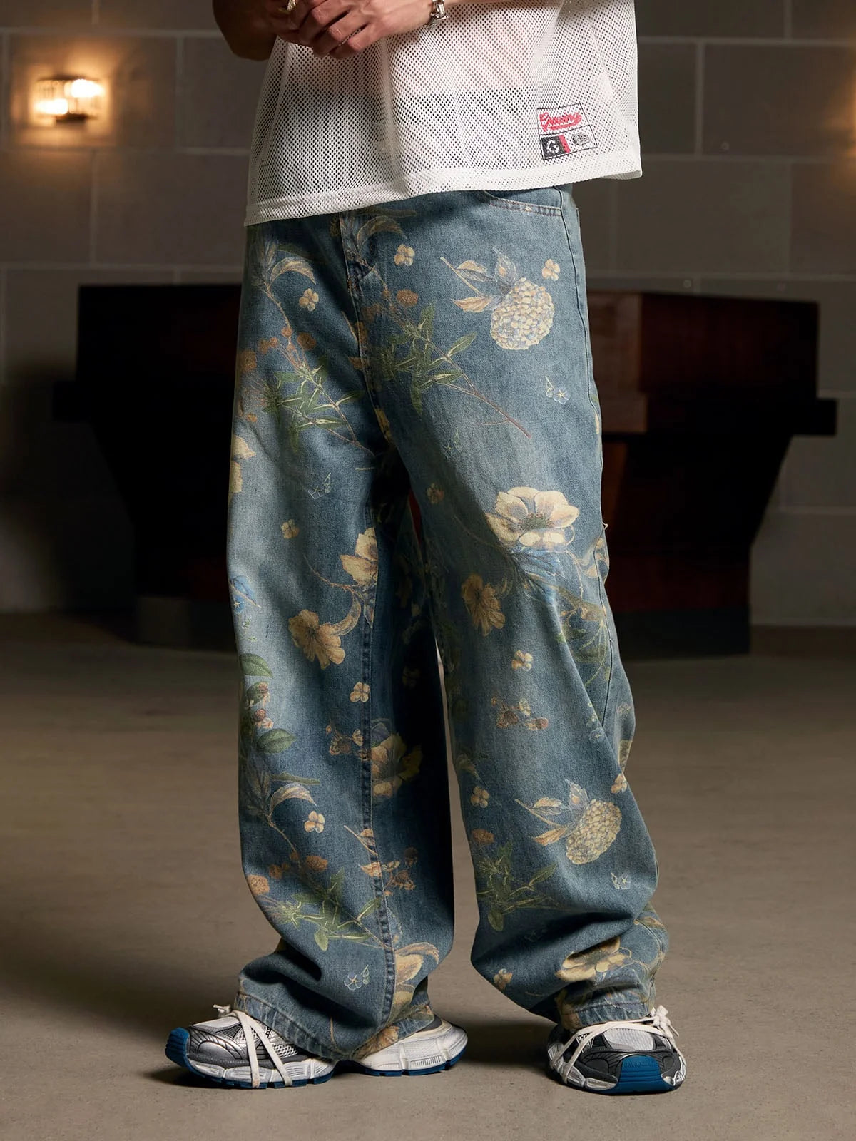 Floral print carpenter style denim jeans