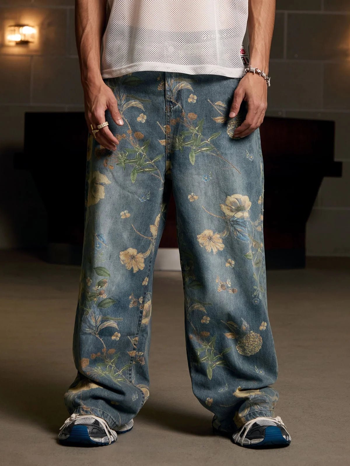 Floral print carpenter style denim jeans