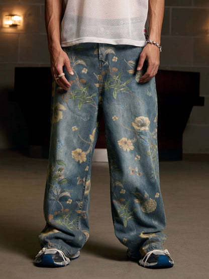 Floral print carpenter style denim jeans