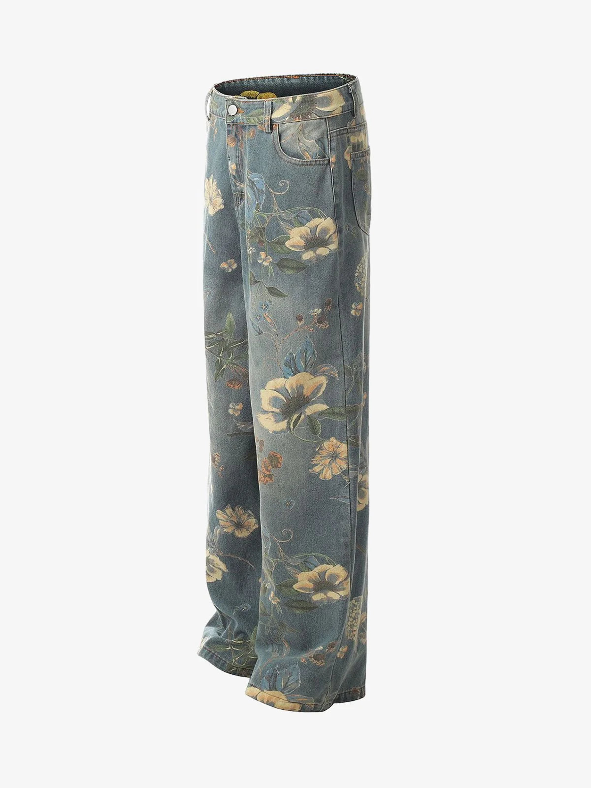 Floral print carpenter style denim jeans
