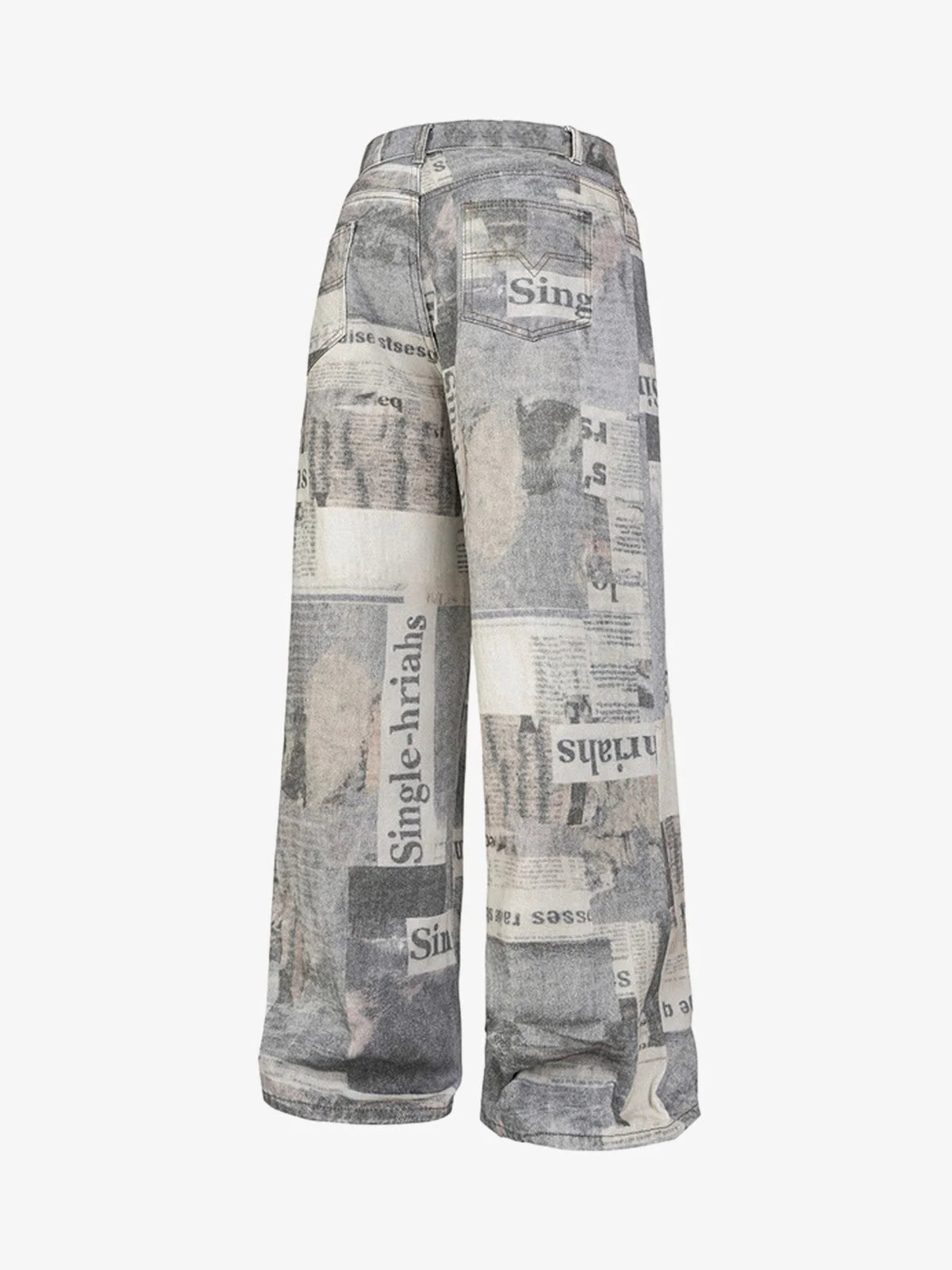 Loose-fitting jeans with newspaper and graffiti print