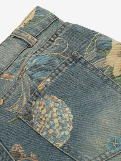 Floral print carpenter style denim jeans