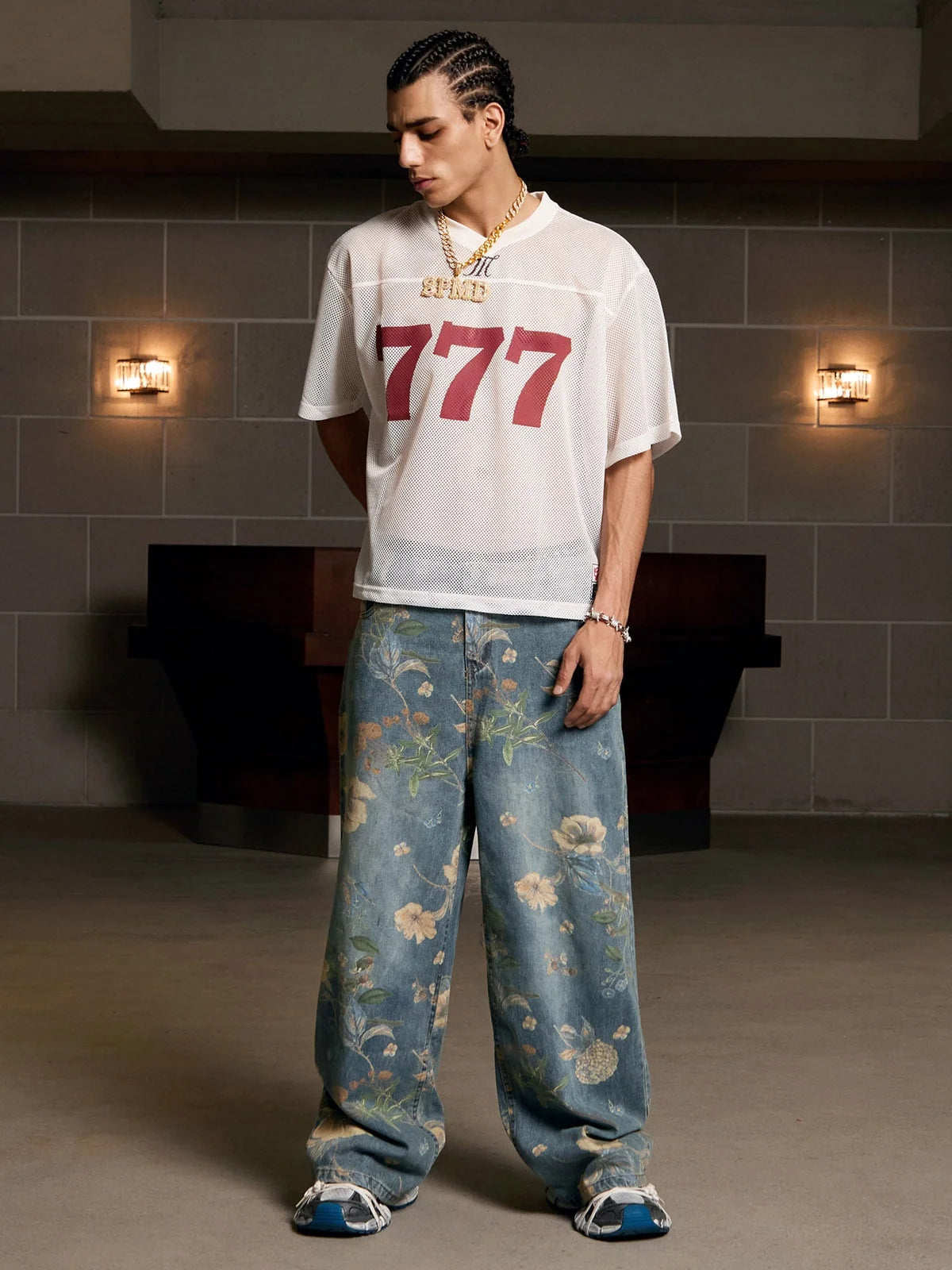 Floral print carpenter style denim jeans