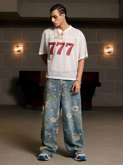 Floral print carpenter style denim jeans