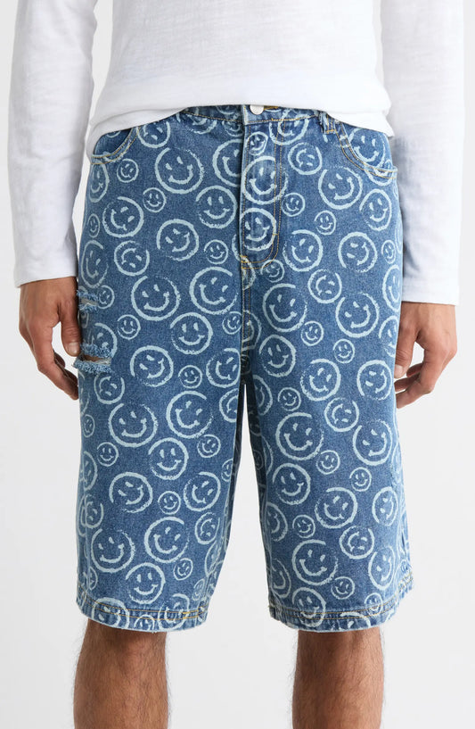 WEZC Smiley Face Long Denim Shorts